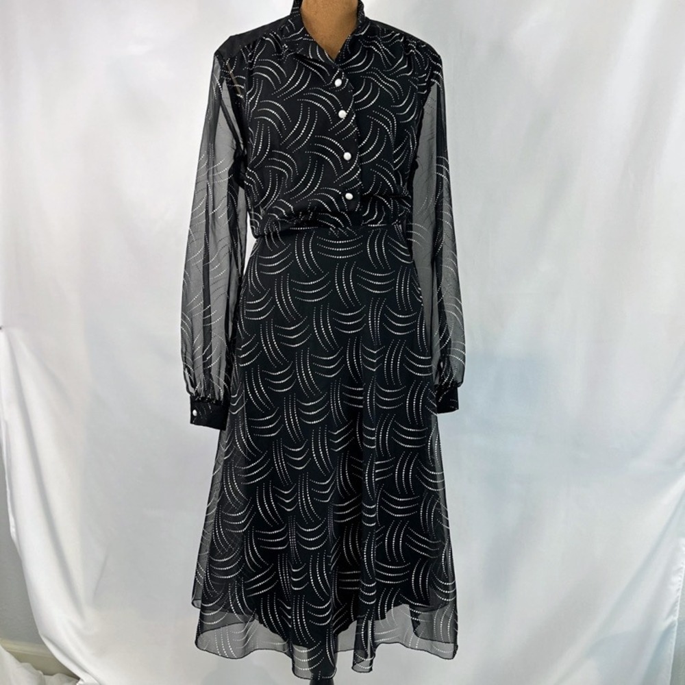 Vintage Sheer Chiffon Midi Dress Womens 44 Black White Dotted Good Art Deco Arc